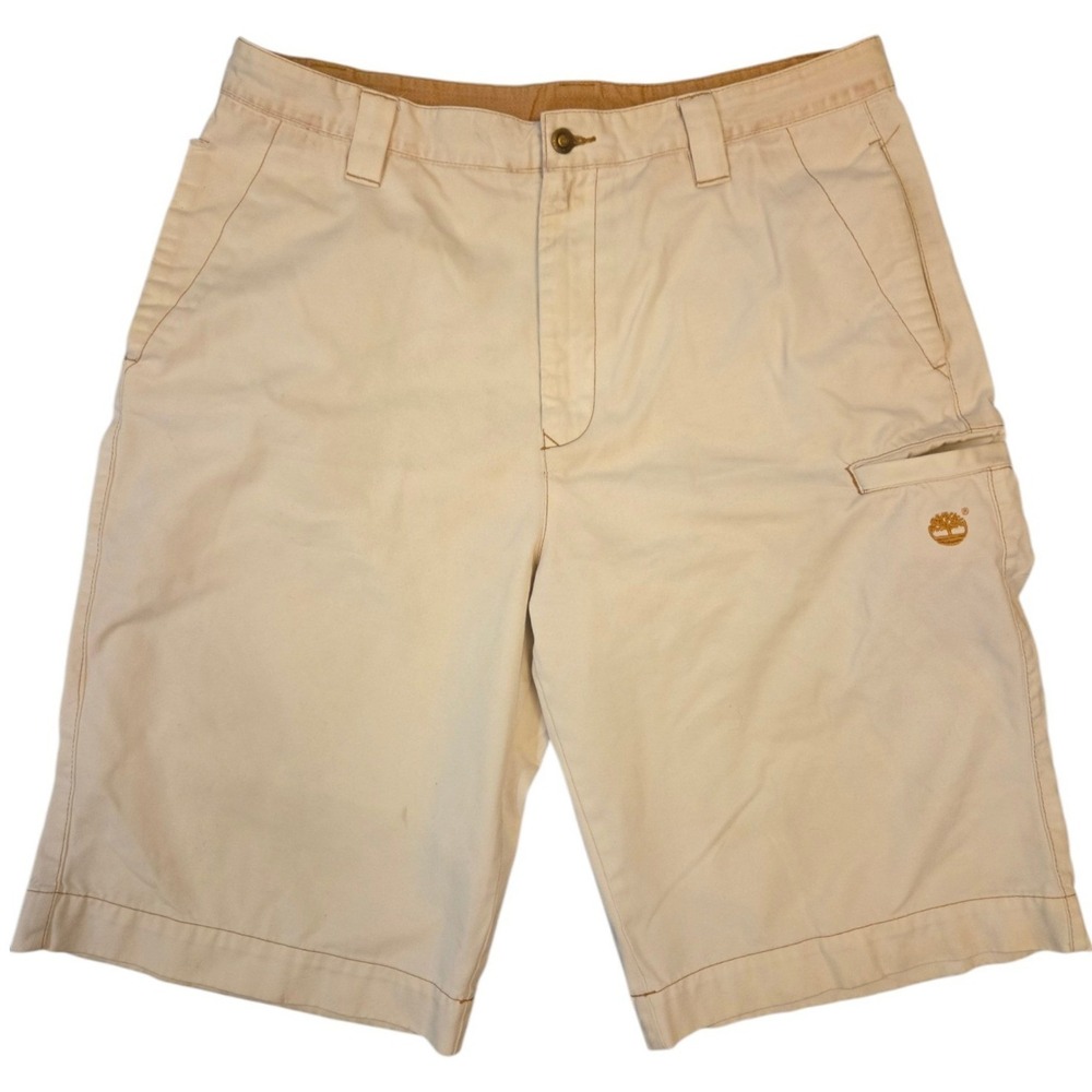 Timberland Mens Tan Khaki Twill Utility Cargo Shorts Size 38 Logo Graphic